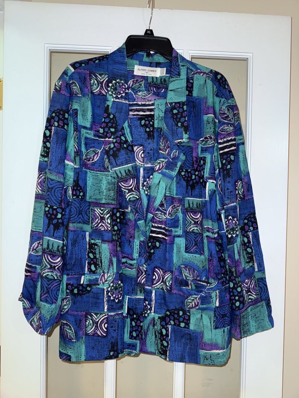 Alfred Dunner Women’s Blue Green Shacket Shirt Jacket Funky One Button 14 VTG